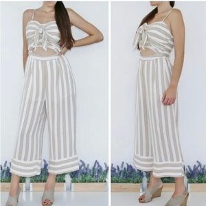 L'ATISTE Striped Midi Jumpsuit White Tan Front Tie Adjustable Straps Size‎ S